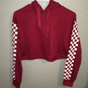 White checkered sleeve red hoodie